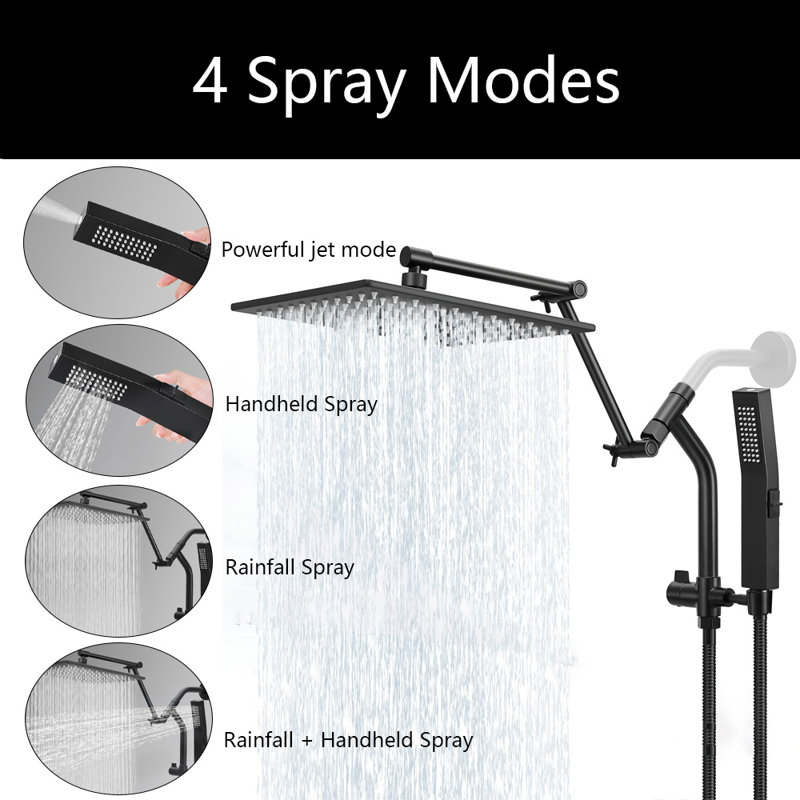 10 Inch All Metal Rain Shower Head With Handheld Built-In Power Wash Mode, With 16" Adjustable Extension Arm, Black