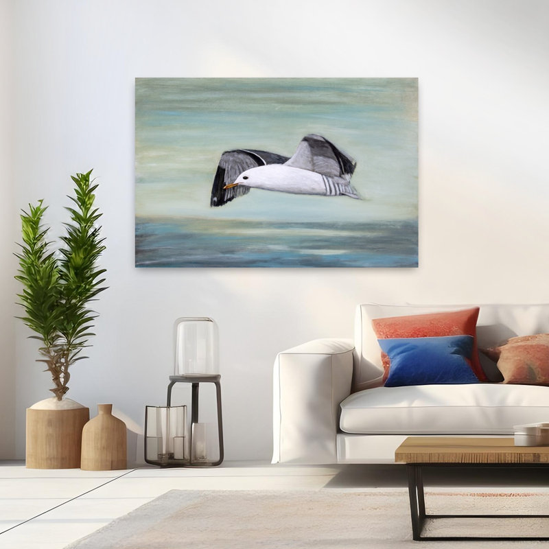 «Clear Skies», art mural mouette océan contemporain, H 48 po x l 32 po