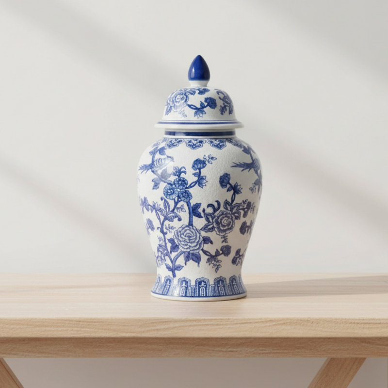 Ceramic Chinoiserie Ginger Jar with Lid, 18" H x 10" W x 10" D