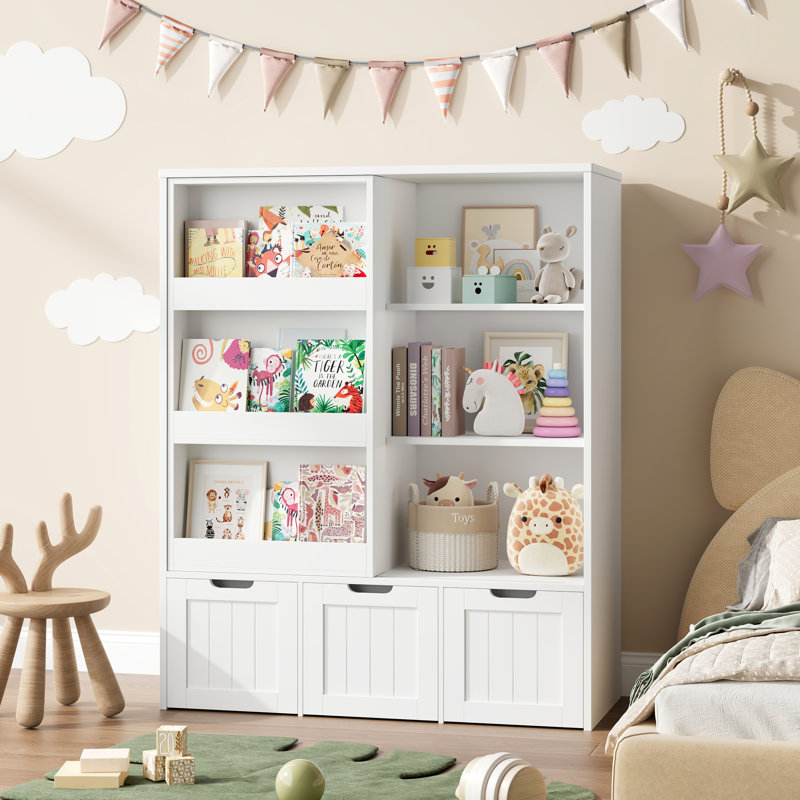 47.2"H Wood Storage Kids Bookcases  with Sliding Door and 3 Removable Drawers, White