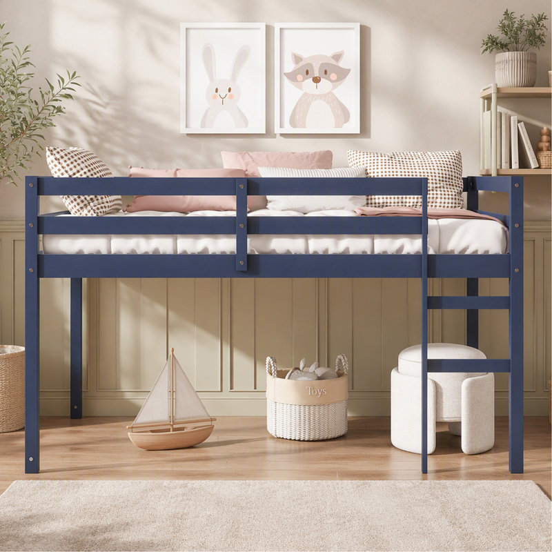 Lit mezzanine simple en bois massif et en bois d'hévéa avec échelle, plateforme de lattes renforcées, bleu, Bleu