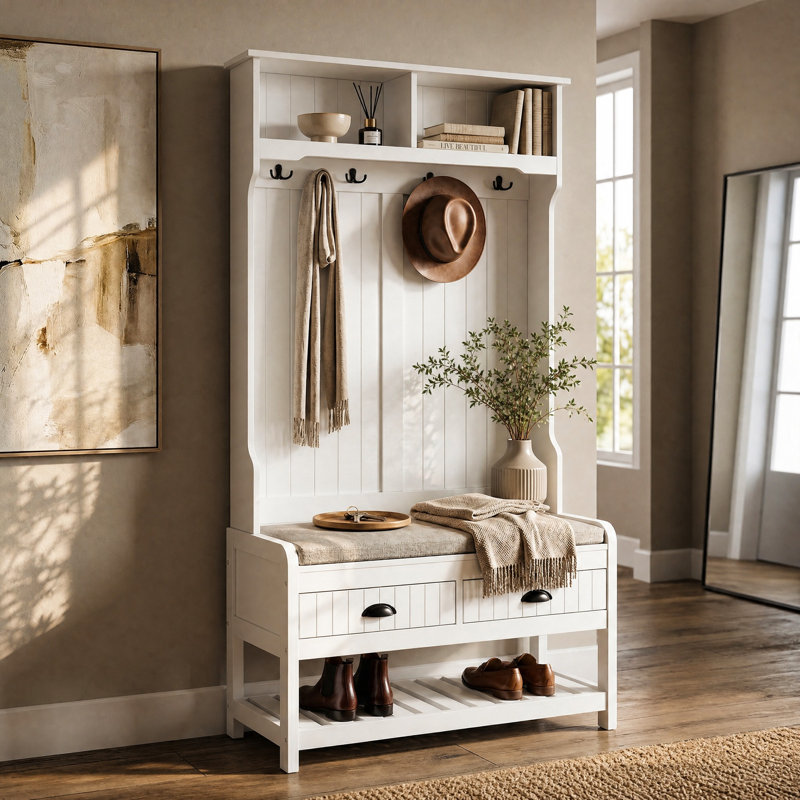 Modern Hall Tree with Bench and Shoe Storage, True White
