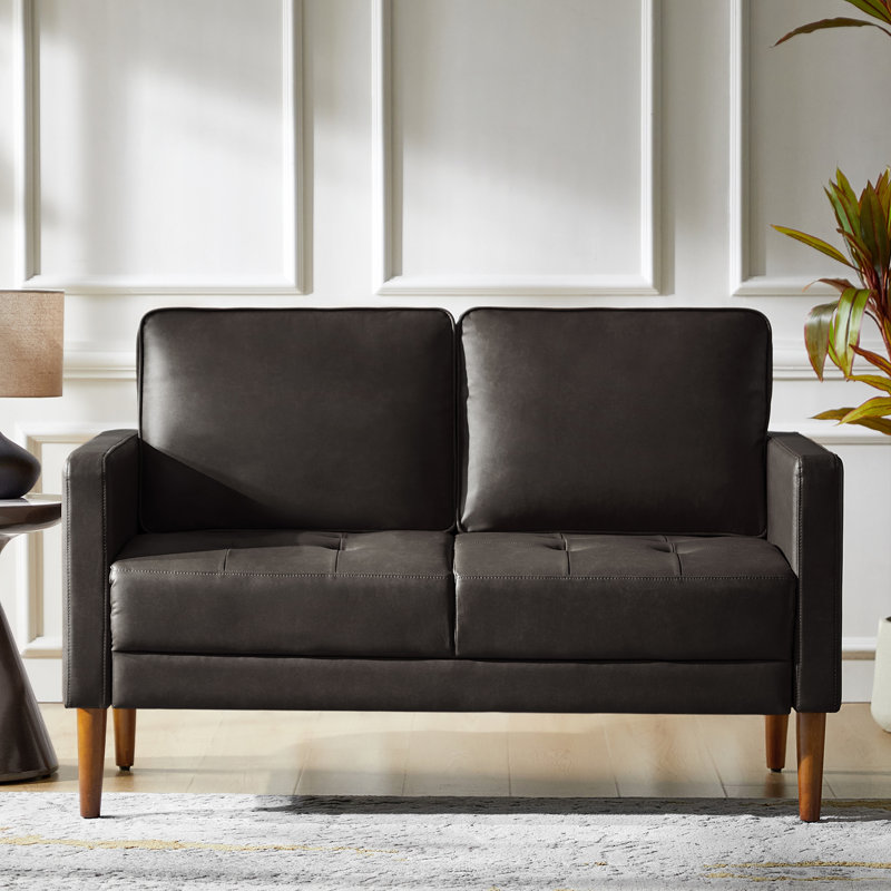 53" W Faux Leather Upholstered Loveseat with Solid Wood Legs, Brown