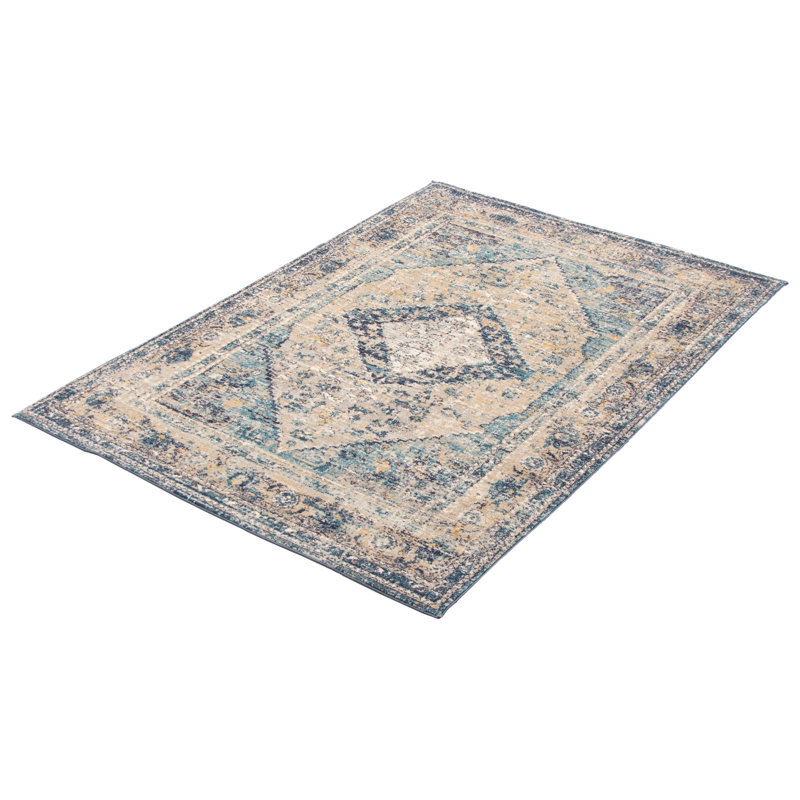 Tapis oriental bleu / gris / ivoire, Rectangle 6 pi 7 po x 8 pi 6 po