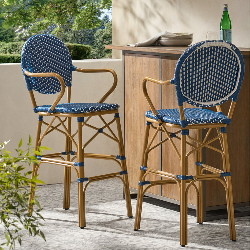 Ensemble de 2 tabourets de bar d'extérieur en osier et aluminium 29,5 po, bleu marine, imprimé bambou