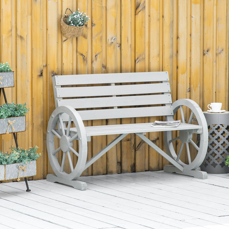 Banc rustique pour patio - Roue de chariot en bois de 104 cm (41 po), gris, , , 2, Banc en bois de sapin massif, avec roue et finition grise résistante aux intempéries