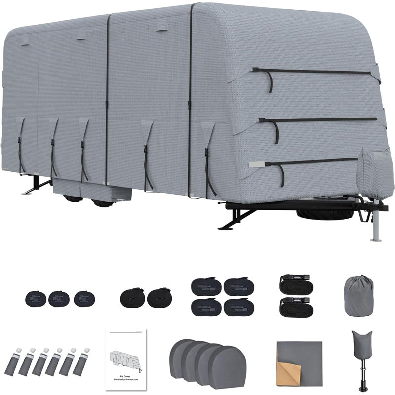 Heavy Duty Extra-Thick Upgraded RV Travel Trailer Cover With Zippered Door, 6 Gutter Covers, 2 Extra Straps