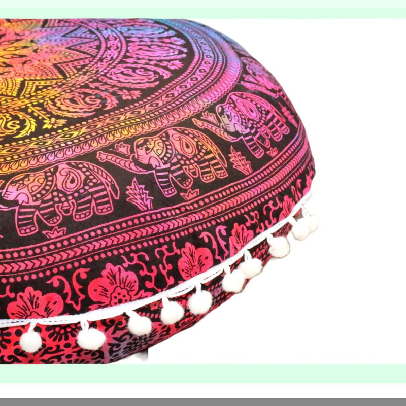 BohoMeditation Round Floor Cushion - Elephant Pouf for Living Room, Yoga Room, Bedroom, Balcony & Garden Party Decoration. Cotton Cover.