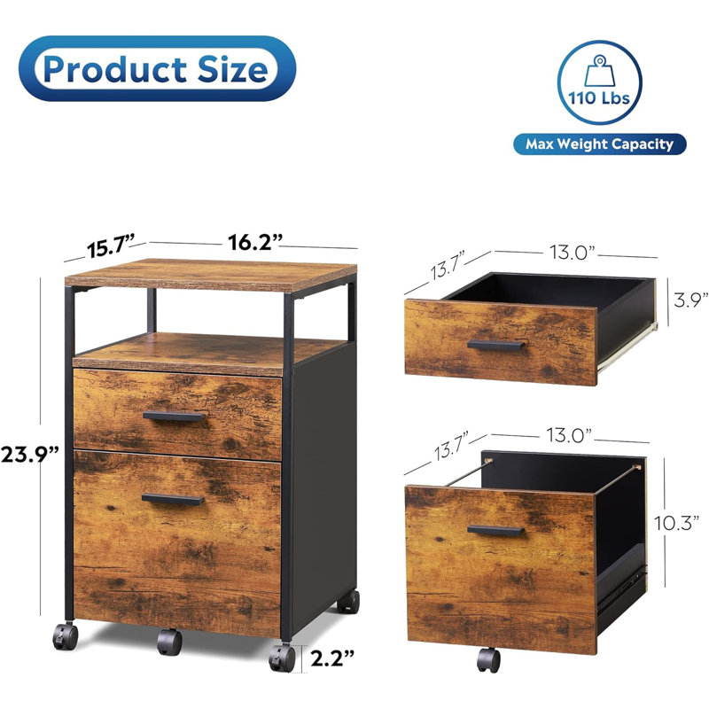 2 Drawer File Cabinet, Mobile Printer Stand With Open Storage Shelf, Brown