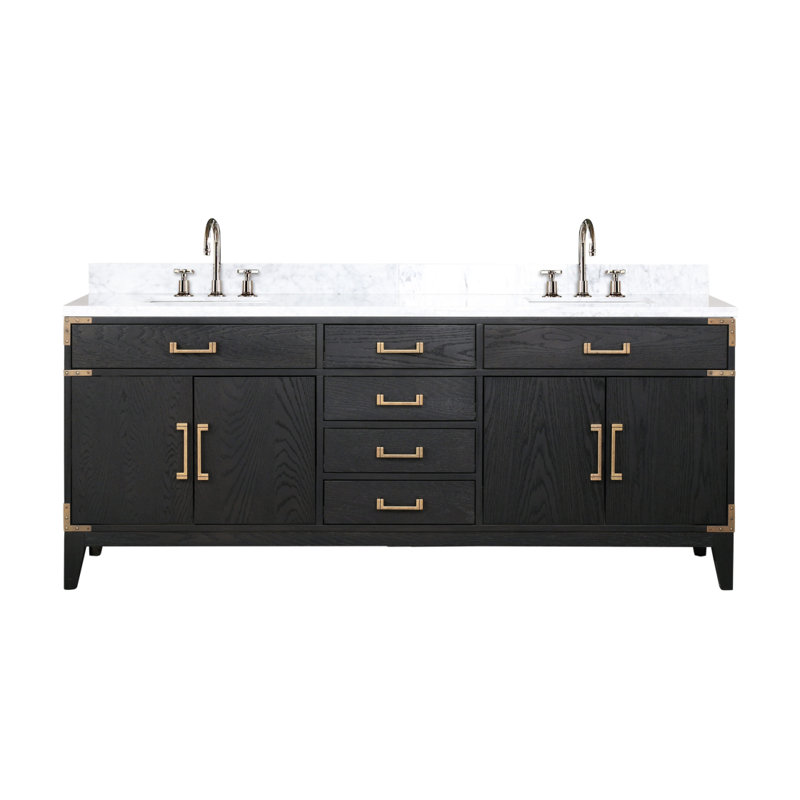 Meuble-lavabo double en chêne noir 80 po X P 22 po D, dessus en marbre de Carrare et ensemble de robinet, Marbre de Carrare