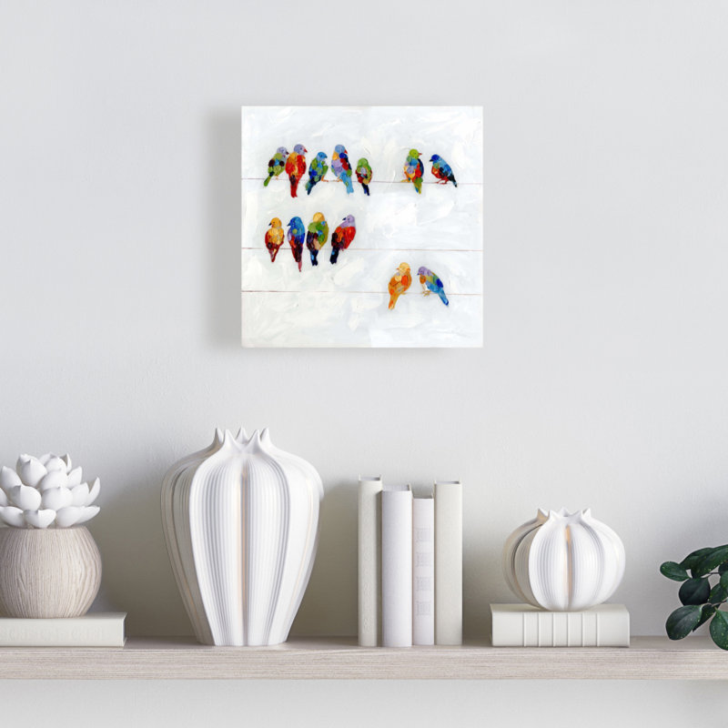 Oiseaux colorés sur toile métallique | Art mural bleu contemporain