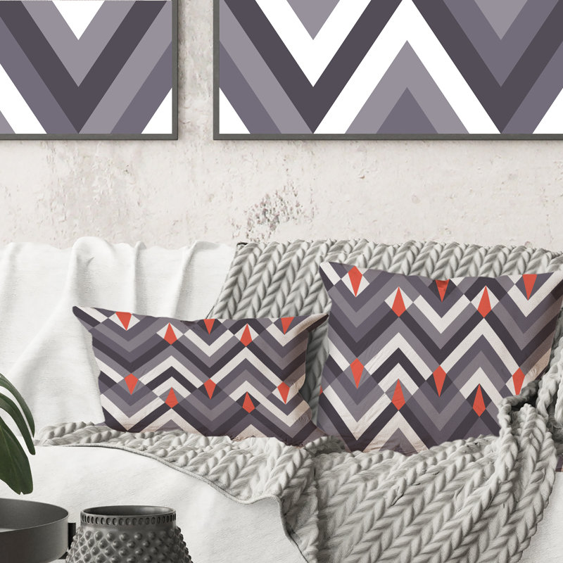 Coussin décoratif à motif géométrique gris et blanc à motif de chevrons rouges, 16 po x 16 po