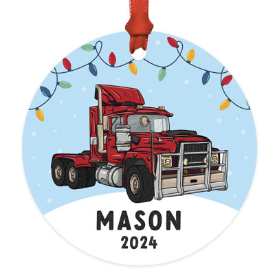 Custom Red Truck In The Snow Ornament Personalized Metal Ornament For Truck Drivers