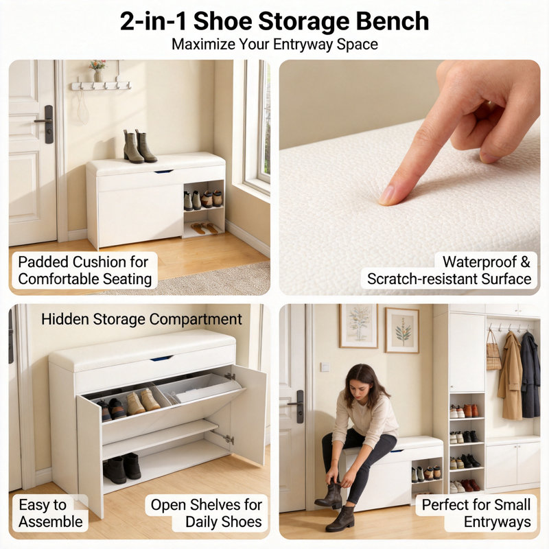 31.5" Shoe Storage Bench, White Entryway Organizer with Cushion Seat, Flip Shoe Rack & Hidden Storage