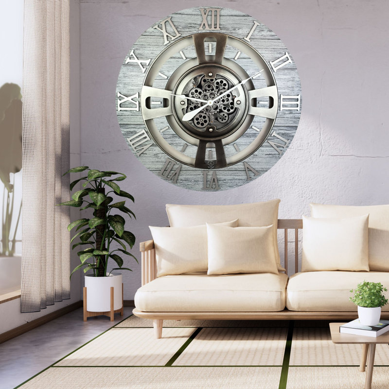 Oversized Silver Grey Wall Clock with Real Moving Gears