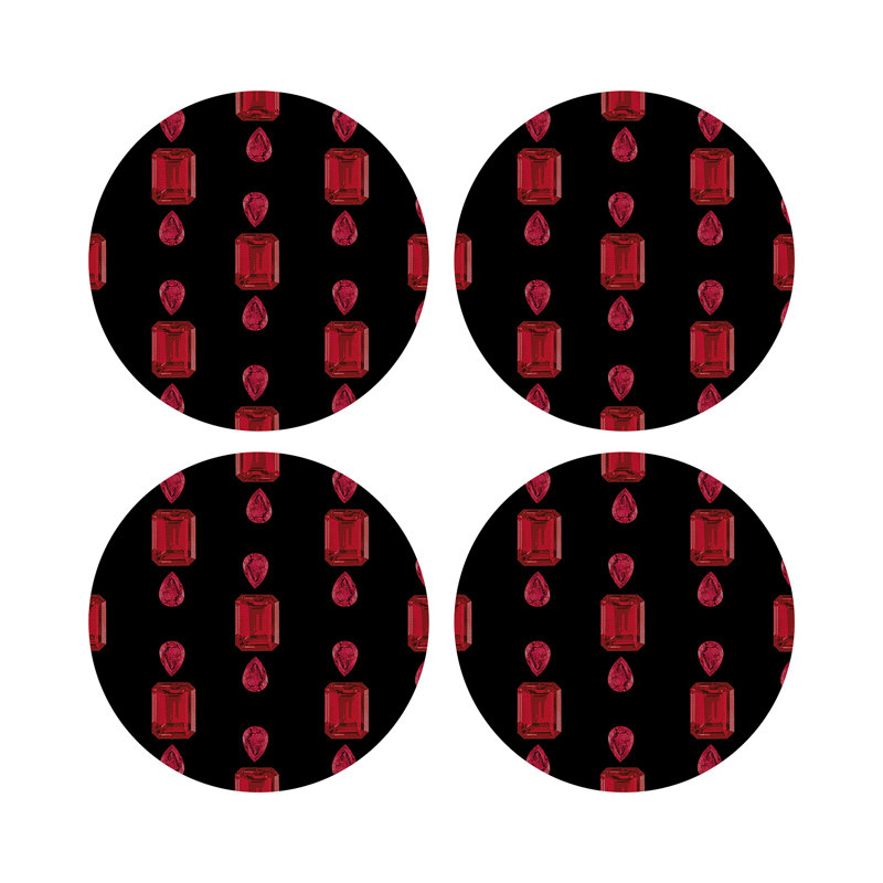 Gem Rubys Black Vegan Leather Round Coasters, Black