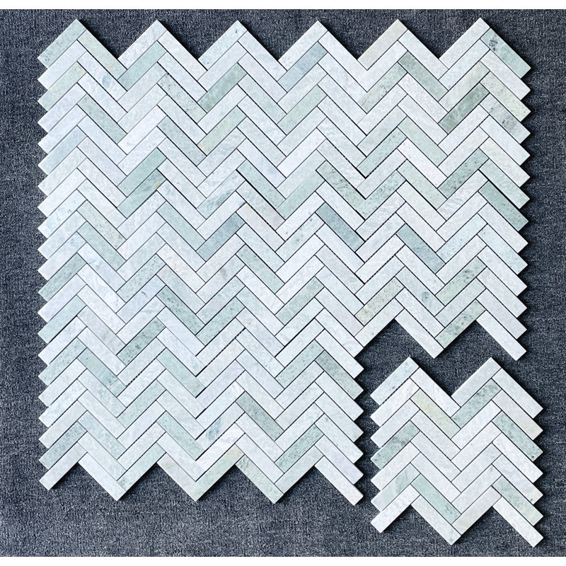 1" x 4" Marble Herringbone / Chevron Mosaic Wall & Floor Tile, Ming Green