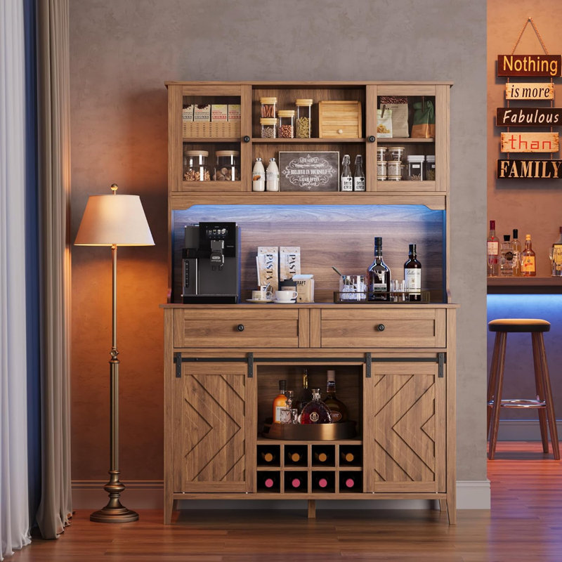 Bar 72 po avec porte de grange coulissante, grand buffet de cuisine avec huche à vin avec 2 tiroirs, 8 tablettes de rangement, bar à café rustique