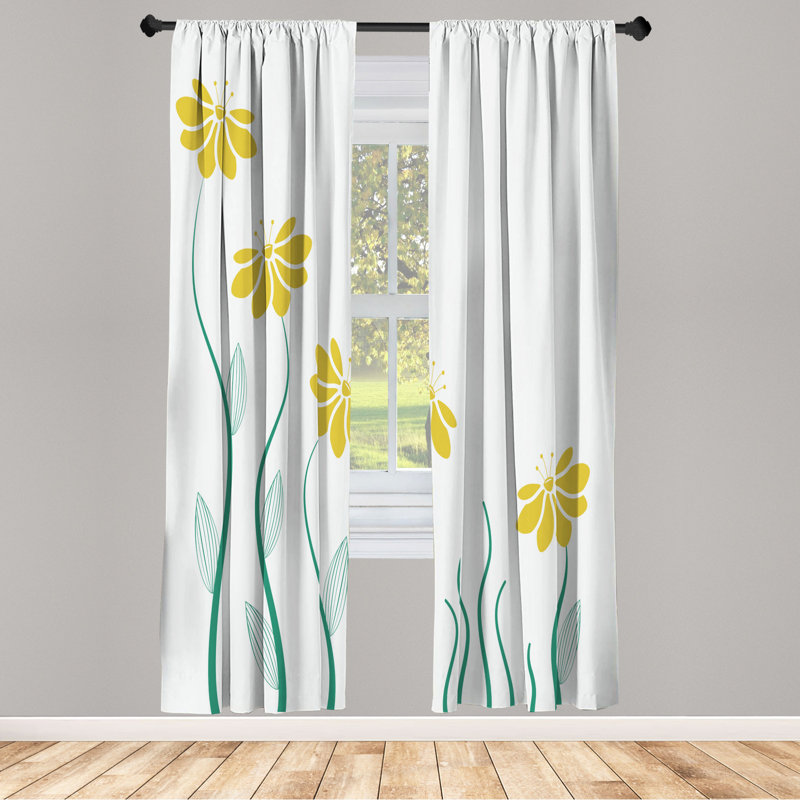 Microfiber Floral Semi-Sheer Rod Pocket Curtain Panels, 28" W x 63" L, Turquoise/Yellow