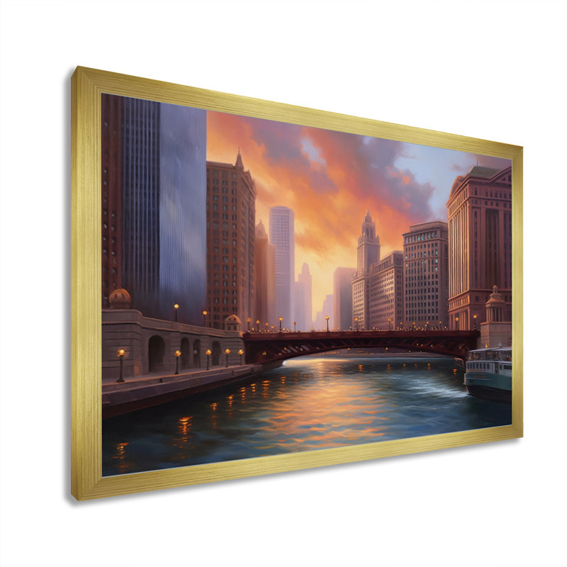 Chicago City Scene I, reproduction d'art sur toile, H 30 po x l 40 po x P 1,5 po, Encadrement doré