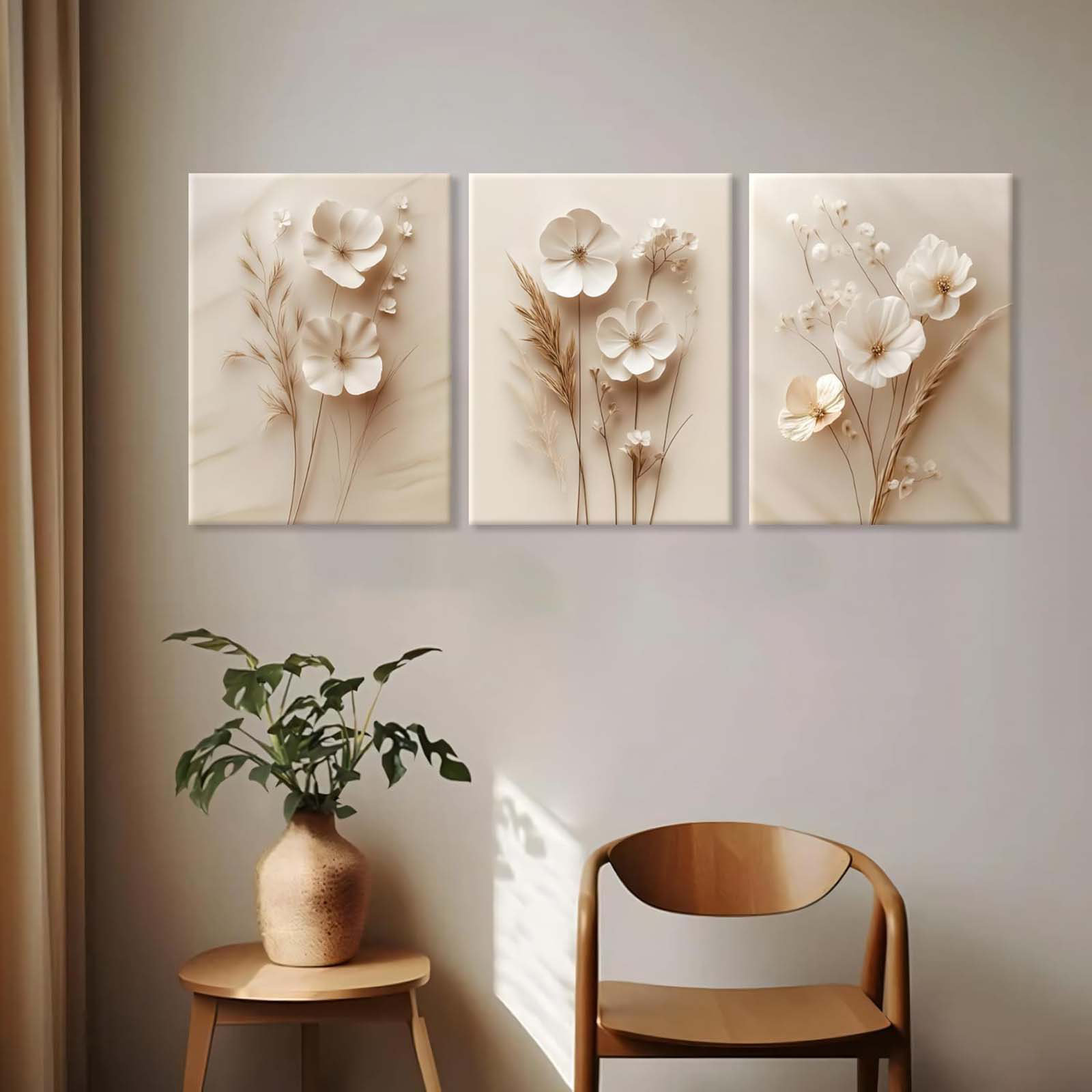 Ophelia & Co. 3Pcs Framed Neutral Beige Floral Canvas Wall Art Modern ...