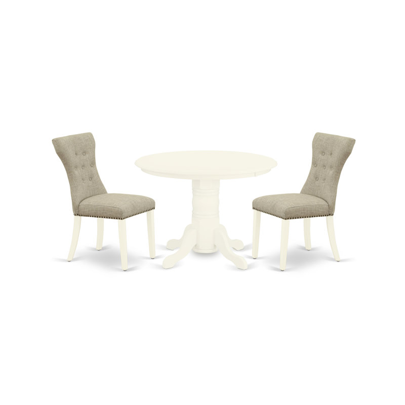 L'ensemble de salle à manger 3 pièces comprend une table de cuisine ronde avec piédestal et 2 chaises de salle à manger Parson en tissu de lin, blanc lin