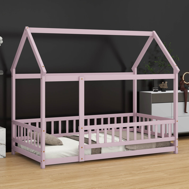 Lit en bois avec structure de toit et garde-corps de sécurité, Rose