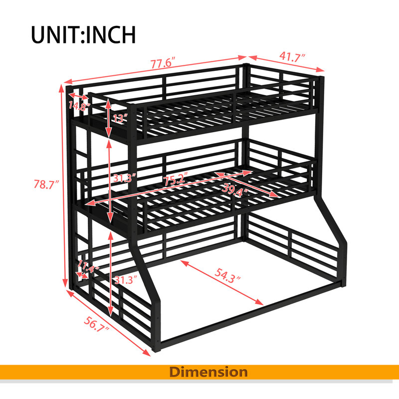 Bunk Bed, Metal Triple Bunk Bed With Safety Guardrails, Heavy-Duty Bunk Bed With Noise-Reduced Design, Black
