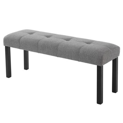 Modern Gray Tufted Linen Upholstered Dining Bench, Farmhouse Entryway Bench with Black Rubber Wood Legs for Kitchen, Bedroom, Hallway