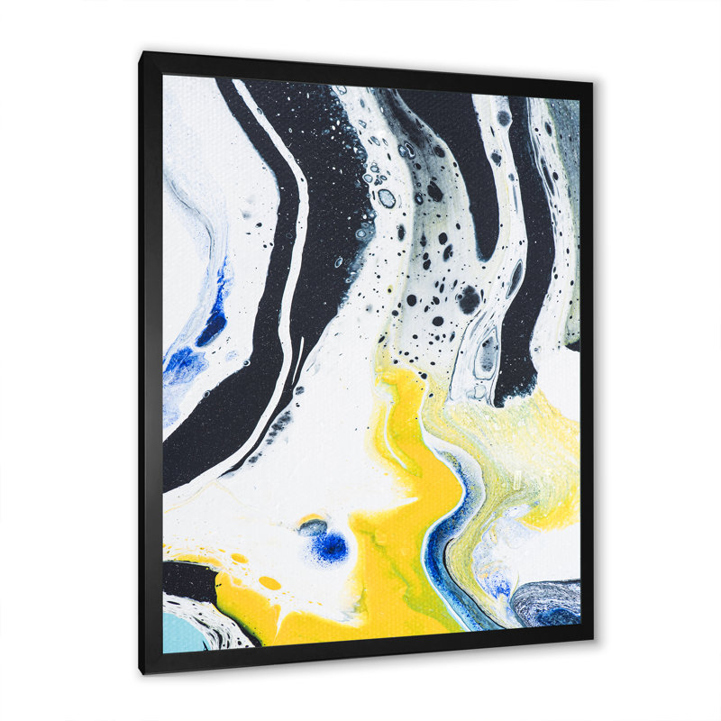 Composition abstraite de marbre en jaune et bleu IV - peinture sur toile, H 20 po x l 12 po x P 1po, Cadre noir