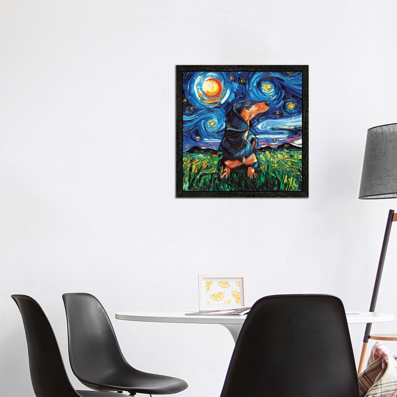 Dachshund Night by Aja Trier - Painting on Canvas, 45.72 cm H x 45.72 cm W, Black Framed