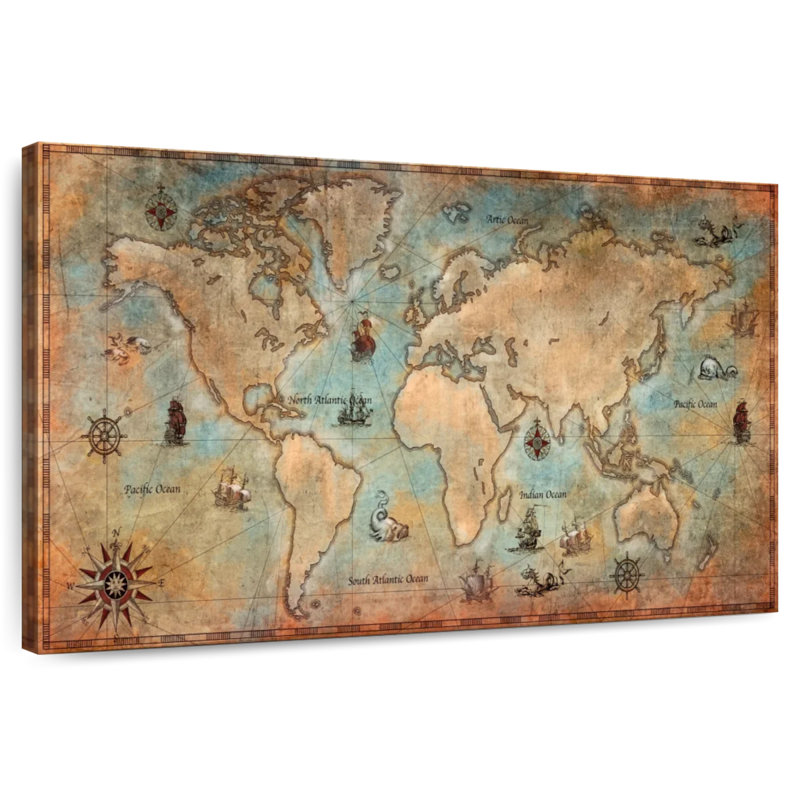 Carte du monde pirate sur toile, H 24 po x l 36 po