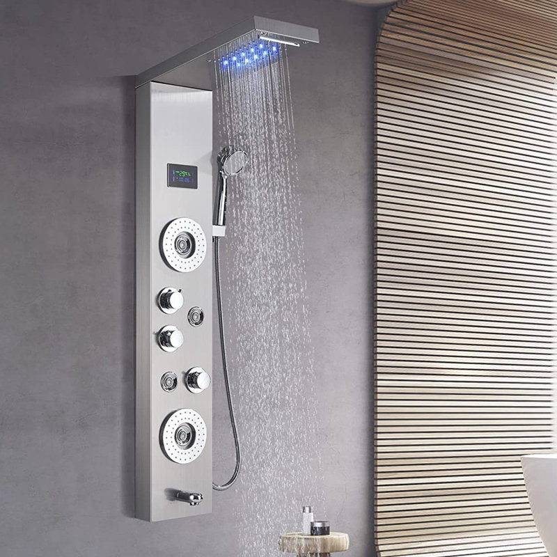 Pomme de douche à DEL avec système de tour de douche et panneau de douche, Nickel brossé