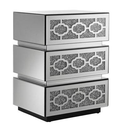 Mirrored Bedside Nightstand, Modern Side Table With 3 Drawers, Silver Accent End Table With Crushed Diamonds For Bedroom, Dorm And Living Room, 17.7"W X 13.8"D X 23.6"H