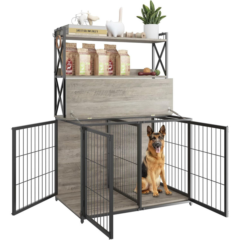 Table de bout en bois pour caisse de chien avec dessus rabattable et cloison mobile, Gris