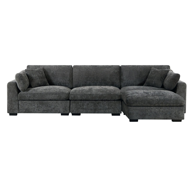 Aariketh 130.87”Wide Upholstered Loose Back Modular Sectional Sofa with Large Ottoman, Dark Grey Polyester