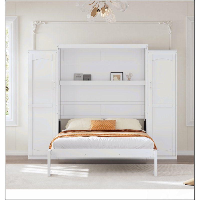 Lit escamotable double avec deux garde-robes et une tablette de rangement, plateforme pliable multifonctionnelle pour optimiser l'espace