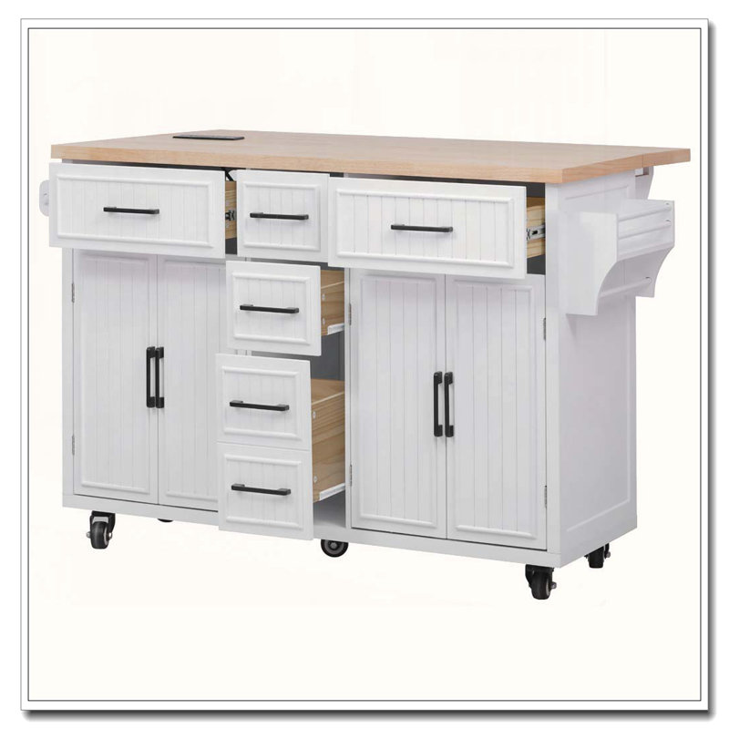 56.5" Kitchen Island with Drop Leaf and Power Outlet