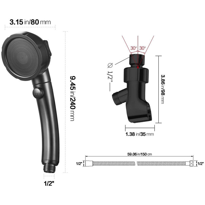 Black Nickel Handheld Shower Head with Pause Switch and 3 Spray Modes