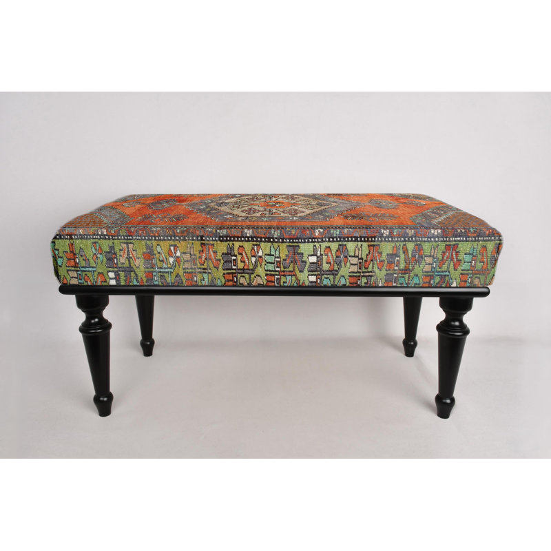 Cotton Upholstered Bench, Black, 45cm H x 90cm W x 45cm D