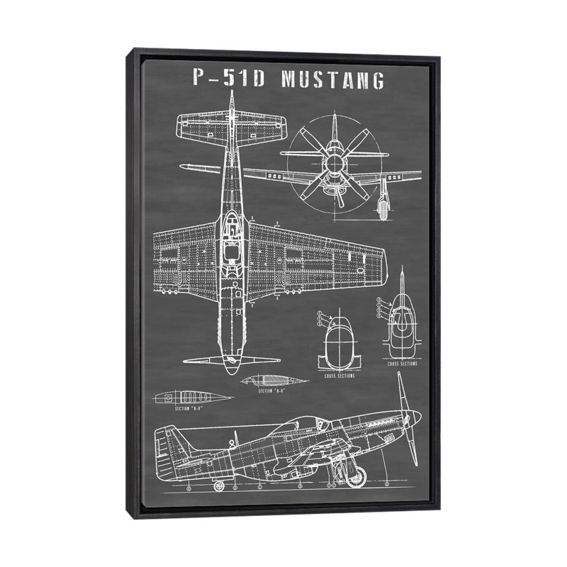 P-51 Mustang avion rétro | Noir - reproduction de dessin, H 26 po x l 18 po x 1,5 po, Toile avec cadre noir patiné