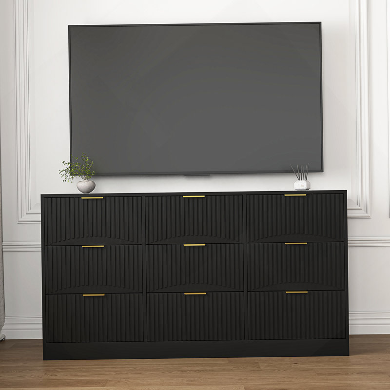 Commode 9 tiroirs, commode en bois pour chambre à coucher, Noir