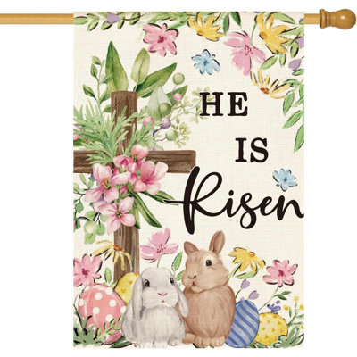 He Is Risen Easter House Flag Double Sided Outside, Bunnies Flowers Cross Yard Outdoor Decoration