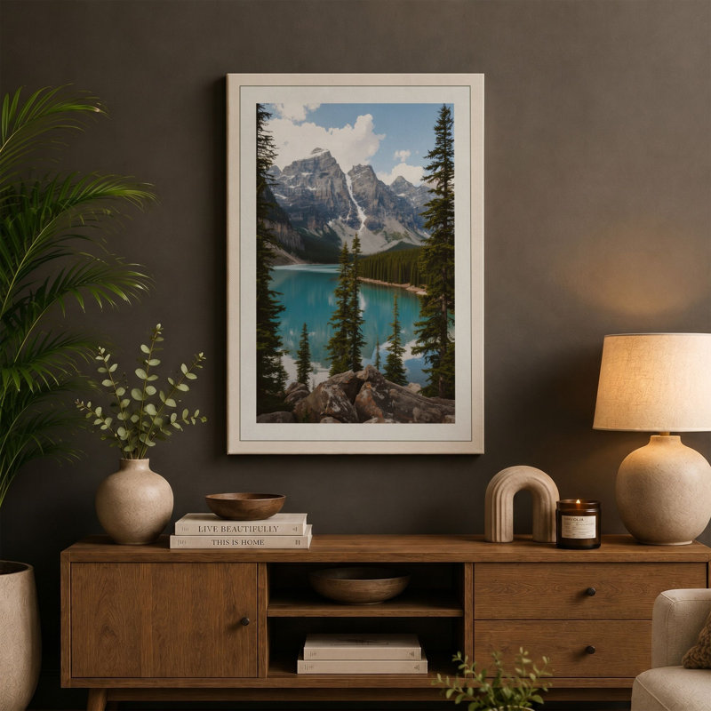 Alpine Lake Wilderness Scandinavian - Wrapped Canvas, 24x16 - 61.0 x 40.6 cm, Taupe Border
