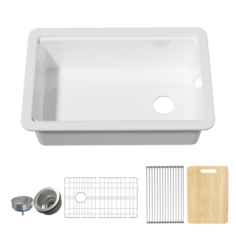 Scty 30"Lx19"W Fireclay Undermount Workstation Kitchen Sink Offset Drain, Drop-in Kitchen Sink White Single Bowl, Dual Mount, Included 4 Custom Accessories