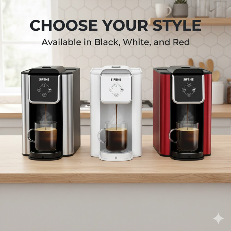 Versatile 3-in-1 Sifene Coffee Machine - K-Cup, Ground Coffee & Tea Brewer with 50oz Reservoir, Silver/Red