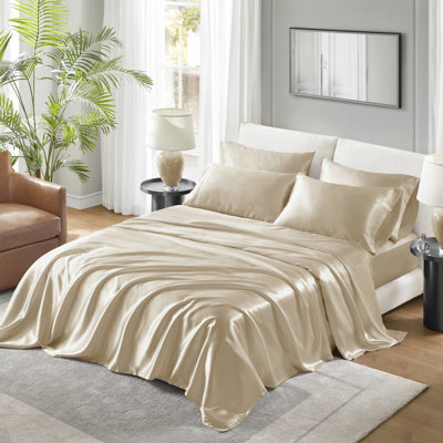 Drap-housse de luxe en satin simple - pliable, jusqu'à 16 po, 1 drap plat, 4 taies d'oreiller ajustées, compatible avec un style lisse et tendance, texture