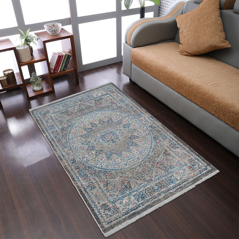 Beier Area Rugs for Living Room Bedroom, Machine Washable Rug, Indoor Floor Machine Woven Cross weave Polyester Area Rug – Gray & Blue Color | Oriental Design