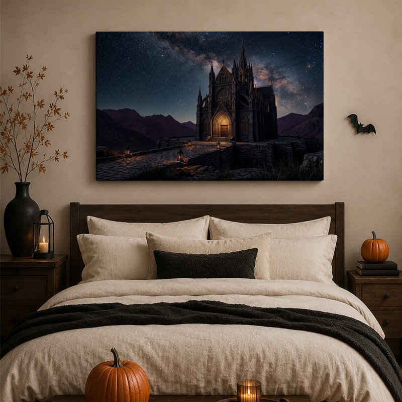 Cathédrale de pierre illuminée sous un ciel étoilé - Toile murale d'Halloween, H 36 po x l 48 po