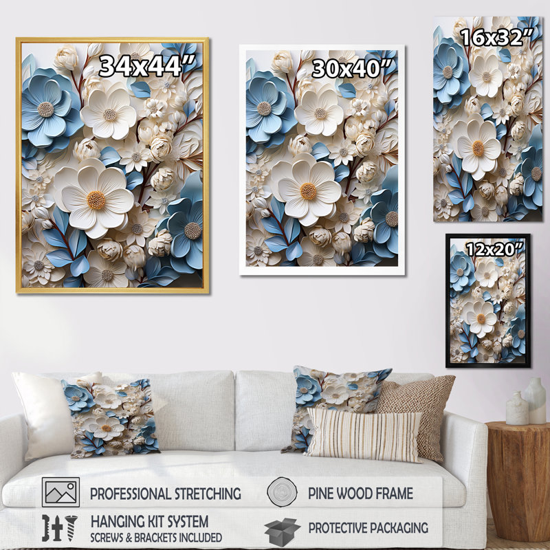 Cornouiller blanc et bleu fleurissant sur fond de tranquillité sur toile, H 44 po x l 34 po x P 1,5 po, Cadre flottant doré